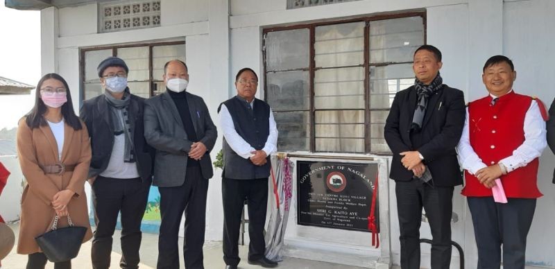 Minister Kaito, Zunheboto CMO and village elders during the inaugural programme of Health Sub-Centre at Xuivi village under Zunheboto on January 11.